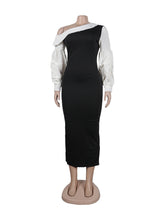 Sloping Shoulder Lantern Sleeve Mid Dress