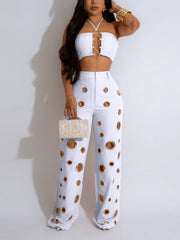 Sexy Metal Ring Hollow Crop Top Wide Leg Pants Sets