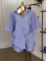 Lapel Stripe Loose Shirt Shorts Casual Set