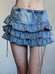 High Rise Washed Lace-Up Mini Layered Denim Skirt