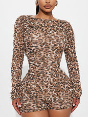 Sexy O-Neck Mesh Leopard Print Bodycon Romper