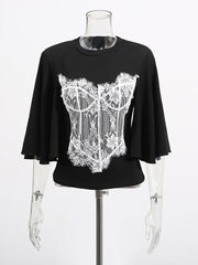 Casual Round Neck Lace Patchwork T-Shirt