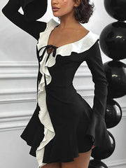 Fashion Ruffle V-Neck Lace-up Mini Dress