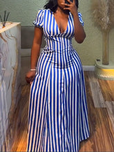 Elegant V Neck Stripe Print Cinched Waist Maxi Dress