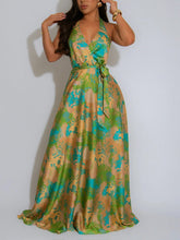 Sexy Satin Print Backless Halter Dress