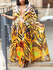 Fashion See-Through Chiffon Print V-neck Dress