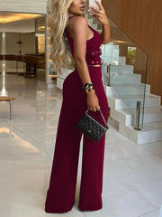 Sexy V-Neck Buckled Belt Top and Pants 2 Piece Set