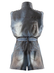 Casual Sleeveless Multi-pocket Denim Romper