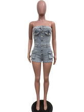 Strapless Denim Tube Top Cargo Jumpsuit