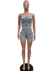 Strapless Denim Tube Top Cargo Jumpsuit