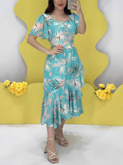 Fashion Print Square Neck Slim Split Midi Dress