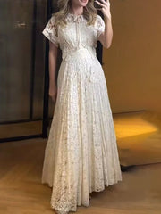 Elegant Bowknot Neck Short Sleeve Embroider Maxi Dress