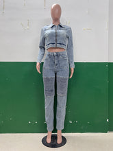 Casual Denim Cropped Jacket Elastic Slim Jeans Set