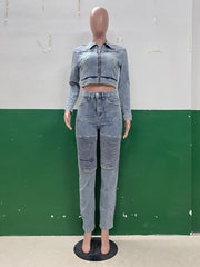 Casual Denim Cropped Jacket Elastic Slim Jeans Set