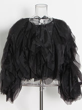 Sheer Chiffon Layered Ruffle Round Neck Cropped Blouse