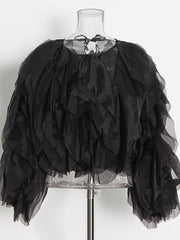 Sheer Chiffon Layered Ruffle Round Neck Cropped Blouse