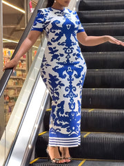 Elegant Round Collar Print Bodycon Maxi Dress