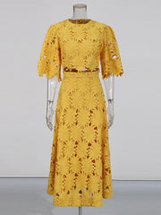 Elegant Embroidered Hollow Long Skirt Two Piece Sets