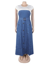 Casual Denim Patchwork Cinched Waist Maxi Dress