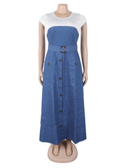 Casual Denim Patchwork Cinched Waist Maxi Dress