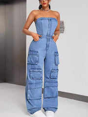 Casual High Waist Cargo Denim Jumpsuit