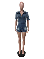 Casual 3D Pocket Wash Denim Romper