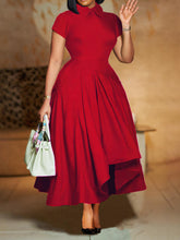 Solid Color Patchwork Ruched O Neck A Line Dress