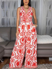 Sexy V Neck Print Tie Front Lace-up Wide Leg Jumpsuit