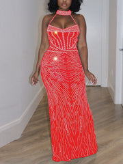 Sexy Halter Rhinestone See-Through Maxi Dress