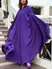 Elegant Round Neck Waist Belted Pleated Dress