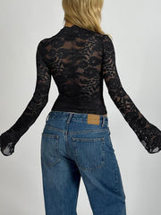 Sexy Bell Sleeve Lace V-Neck Sheer Mesh Crop Tops