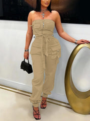 Casual Lace-up Pocket Patchwork Cargo Jumpsuit