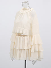 Sexy Ruffle Sheer Mesh Shirt And Mini Skirt Set