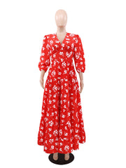 Fashion V-neck Print Puff Sleeves Slim Maxi Dress
