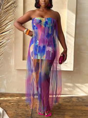 Sexy Print Sheer Strapless Package Hip Dress
