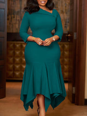 Elegant Slanted Collar Slim Ruffles Midi Dress