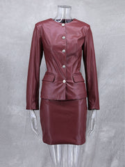 Fashion PU Leather Cinched Waist Jacket And Skirt Sets