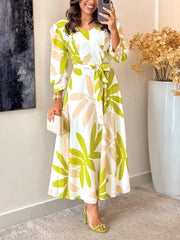 Casual Leaf Print Lace-Up Cinched Waist Maxi Dress