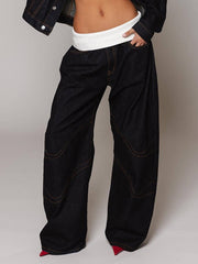 Casual Elastic Waist Patchwork Baggy Straight Jeans
