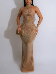 Halter Sheer Mesh Rhinestone Club Dress