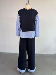 Fashion Stripe Patchwork Long Sleeve Round Neck Set