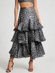 Elegant Leopard Print Tiered ruffles Maxi Skirt