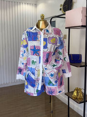 Fashion Print Hollow out Shirt Shorts Casual Set