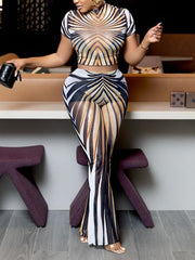 Round-neck Print Sheer Mesh Crop Top Slim Pant Sets