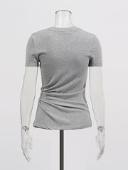 Casual Round Neck Leather Patchwork Slim T-shirt