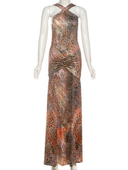 Fashion Pleated Print Sleeveless Maxi Dress