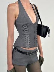 Fashion Halterneck Corset Top Shorts Two Piece Set