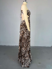 Elegant Print Hollow out Lace-up Ruched Maxi Dress