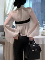 Fashion Patchwork Pleated Crop Blouse