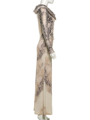 Faux Fur Collar Long Sleeve Print Top and Skirt Sets